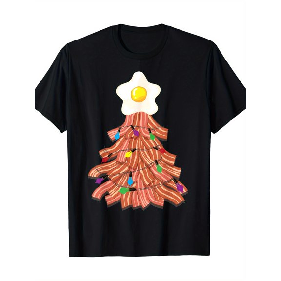 Sleeve with Slight Stretch, Regular Fit All-Season Tee, Bacon Christmas Tree & Egg Design Digital Heat Transfer, Machine Washable for Weekend Casual & Holiday Outfits
