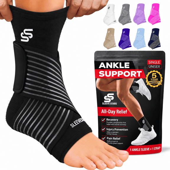 Sleeve Stars Ankle Brace for Men & Women, Compression Support, Single, Single, Black, Small