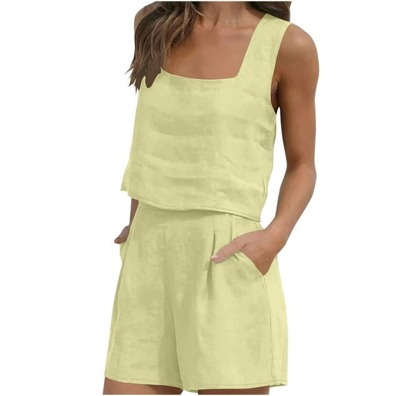 Sleeveless 2 Piece Outfits for Women Solid Color Tank Tops and High Waisted Shorts Summer Beach Sets Pj Sets for Women