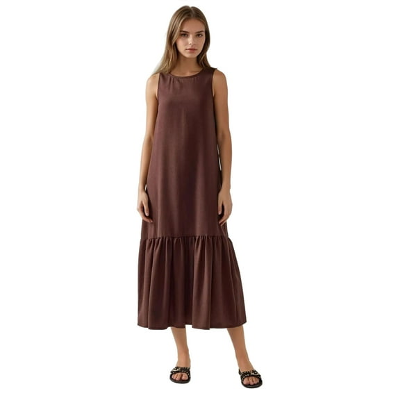Sleeveless A-Form Fit Maxi Dress with Crew Neck