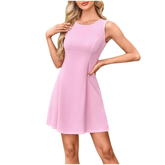 Sleeveless A-Line Mini Dress for Women Casual Summer Swing Dresses Solid Color Lightweight Sundress with Pockets