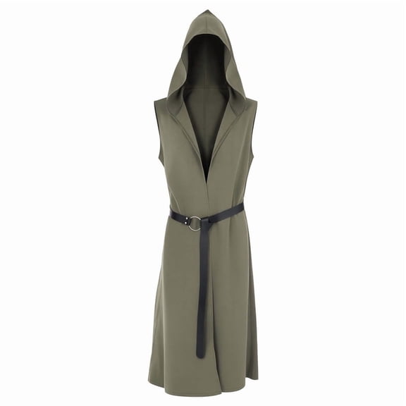 Sleeveless Assassin Cloak Robe, Sleeveless Hooded Medieval Rogue Tunic Dress, V Neck Belted Sleeveless Hooded Cloak Robe for Larp Assassin Fantasy Cosplay, Multi Color Warrior Costume, Army Green XXL