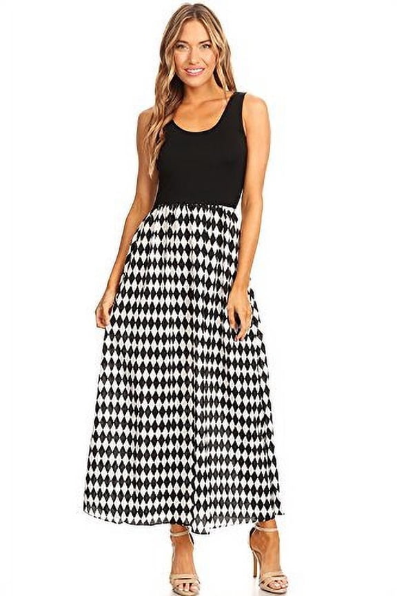 Sleeveless Black & White Diamond Pattern A-line Maxi Dress Womens