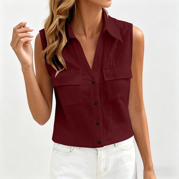 Sleeveless Blouses for Women Casual Cotton Linen Button down Lapel Collared Summer Solid Color Dressy Tank Top with Pockets