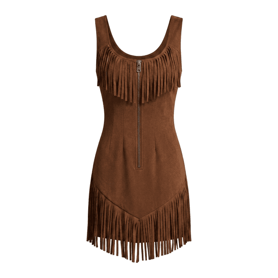 Sleeveless Bodycon Faux Suede Mini Dress with Dynamic Fringe Yoke and Metallic Front Zip for Nashville Country Concerts