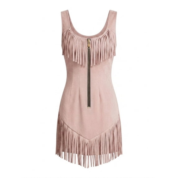 Sleeveless Bodycon Faux Suede Mini Dress with Dynamic Fringe Yoke and Metallic Front Zip for Nashville Country Concerts