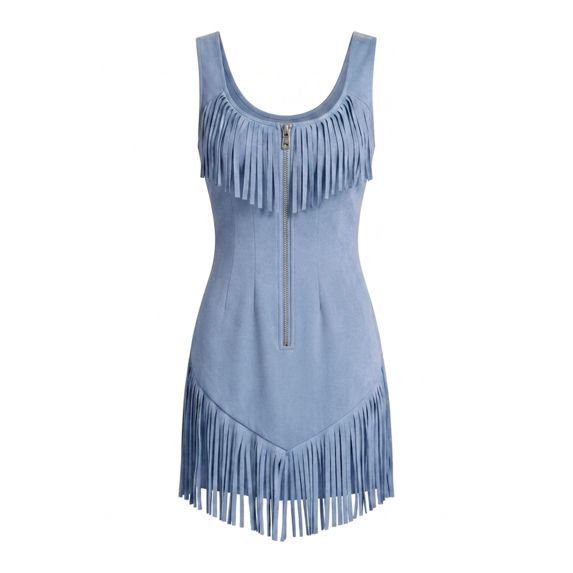 Sleeveless Bodycon Faux Suede Mini Dress with Dynamic Fringe Yoke and Metallic Front Zip for Nashville Country Concerts
