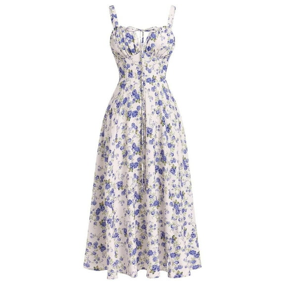 Sleeveless Boho Dress Women's Casual Loose Fit Summer Floral Print Sundress for Beach Vacation Wear,Dark Blue L