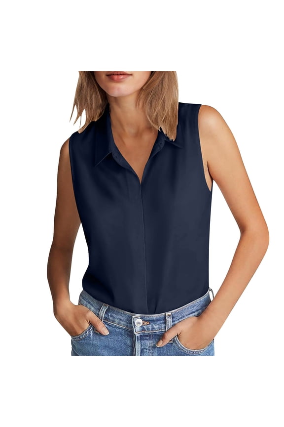 Sleeveless Button Down Shirts for Women Hidden-Button Front Collared Dressy Casual Blouses Loose Work Tops