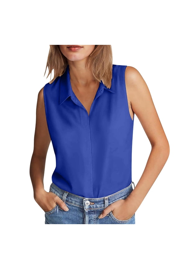 Sleeveless Button Down Shirts for Women Hidden-Button Front Collared Dressy Casual Blouses Loose Work Tops