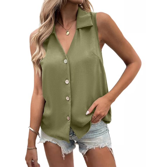 Sleeveless Button Down Shirts for Women Summer Collared V Neck Chiffon Dressy Blouses Tank Tops