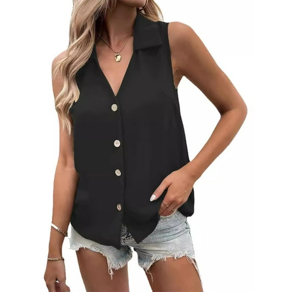 Sleeveless Button Down Shirts for Women Summer Collared V Neck Chiffon Dressy Blouses Tank Tops