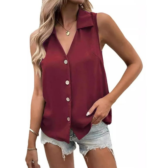Sleeveless Button Down Shirts for Women Summer Collared V Neck Chiffon Dressy Blouses Tank Tops