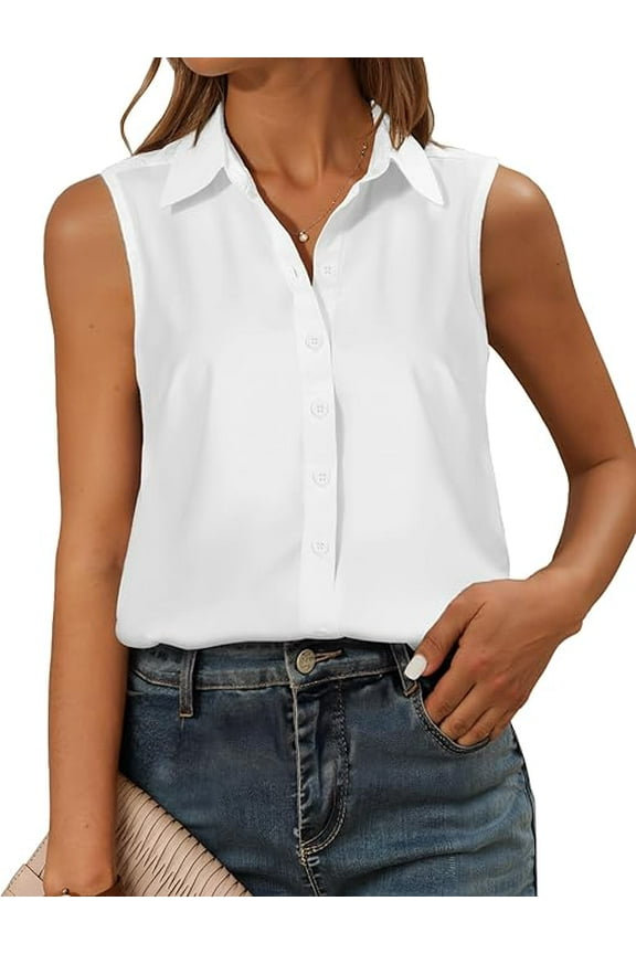 Sleeveless Button Down Shirts for Womens, Solid Casual Blouse V Neck Tank Tops for Business, Classic Collared Basic Tops