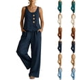 thumbnail image 1 of Sleeveless Button Front Linen Set for Women, Scoop Neck Tank & Wide Leg Pants Two Piece Outfit - Loose Fit Summer Vacation Ensemble White S, 1 of 5