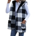 thumbnail image 1 of Sleeveless Cardigan Open Front Hooded Plaid Pattern Plain Black Double Sided Plush Loose Long Cardigan Vest Outwear Coat Black XL, 1 of 6
