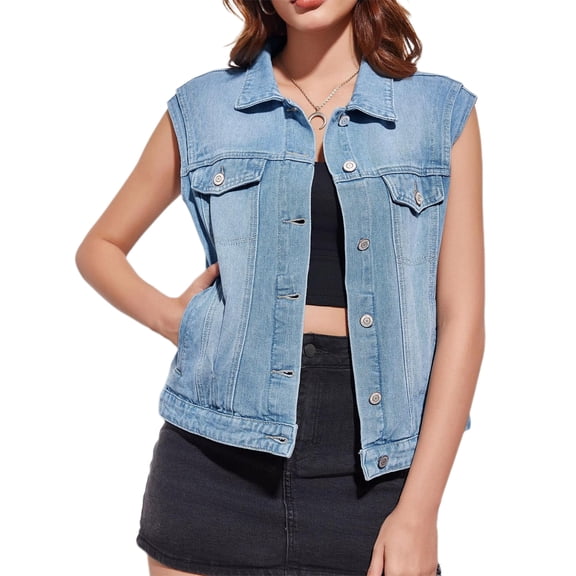 Sleeveless Casual Womens Denim Vest Buttons Cropped Tops