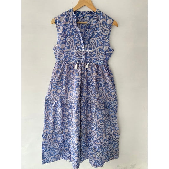Sleeveless Cotton Dress, Block Handblock Print Cotton Dress,Handmade Dress ,Sketer Circle Dress, Flapper Dress, Blousen Dress,Long Dress