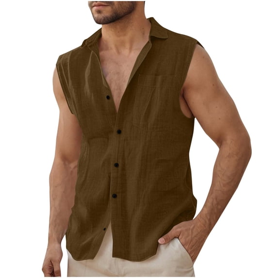 Sleeveless Cotton Linen Tops for Man Collared Button Down Muscle Beach Tank Shirt Holiday Vest with Pocket