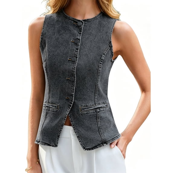 Sleeveless Crew Neck Women Slim Fit Button Down Denim Vest Tops