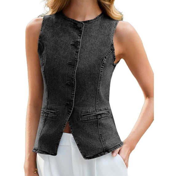 Sleeveless Crew Neck Women Slim Fit Button Down Denim Vest Tops