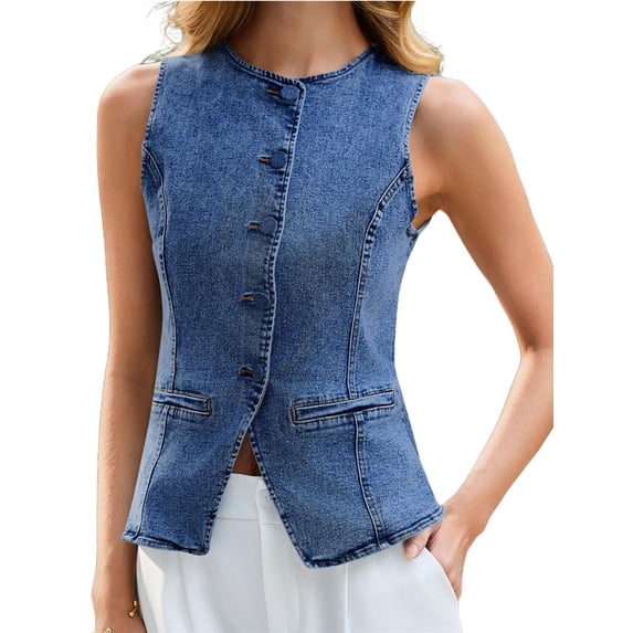 Sleeveless Crew Neck Women Slim Fit Button Down Denim Vest Tops