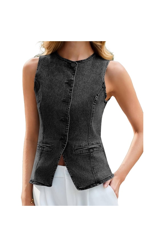 Sleeveless Crew Neck Women Slim Fit Button Down Denim Vest Tops