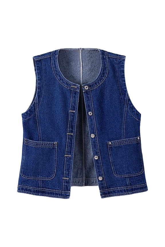 Sleeveless Crewneck Denim Vest Jacket For Women 2025 Summer Fashion Slim Fit Sleeveless Button Down Jean Coat With Pocket