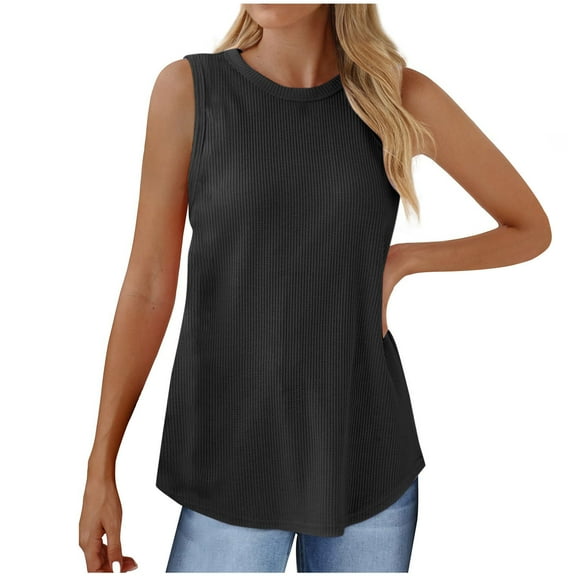 Sleeveless Crewneck Tank Tops Women's Solid Color Summer Casual Plain Tees Black,S