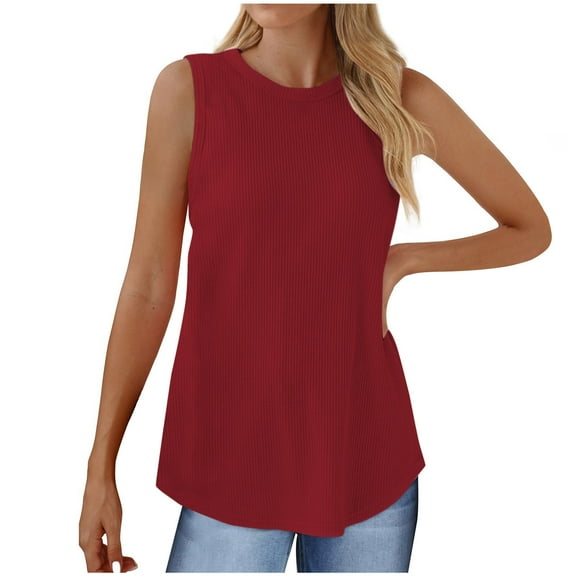 Sleeveless Crewneck Tank Tops Women's Solid Color Summer Casual Plain Tees Wine,XL