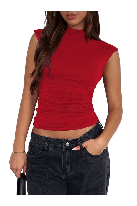 Sleeveless Crop Tops for Women Mock Neck Ruched Tank Tops Y2k Going Out Tops Solid Slim Fitted Shirts Red M