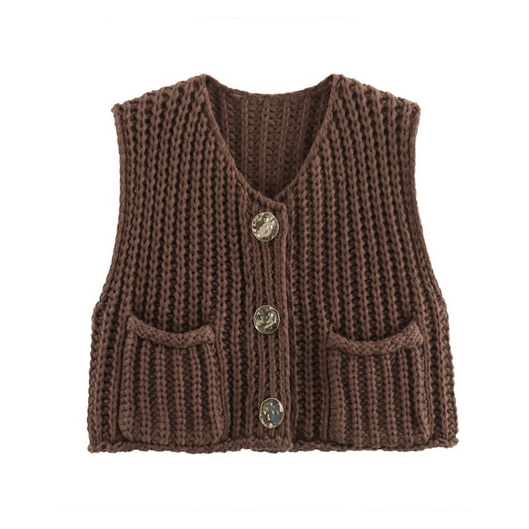 Sleeveless Cropped Button Down Cardigan Sweater Vest for Women Trendy Crochet Chunky Cable Knit Tops with Pockets Shermie Walmart