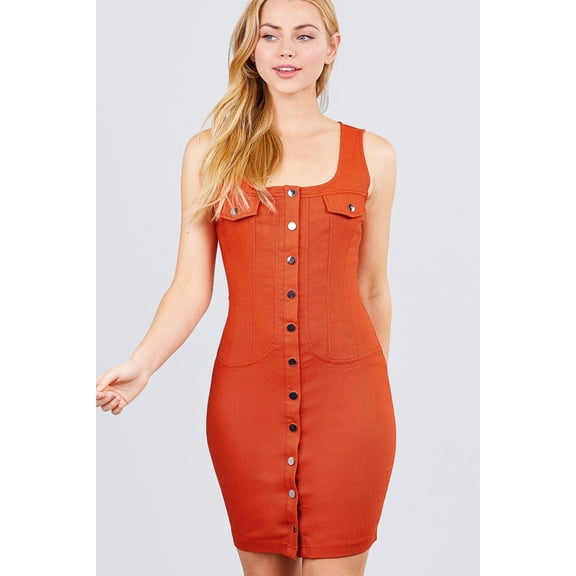 Sleeveless Deep Square Neck Button Down Detail Mini Woven Dress S