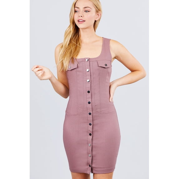 Sleeveless Deep Square Neck Button Down Detail Mini Woven Dress