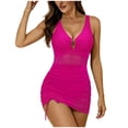 thumbnail image 1 of Sleeveless Deep V Neck Ruched Bodycon Mini Dress with Mesh Panel and Adjustable Drawstring Hem for Women Juniors Hot Pink S, 1 of 9
