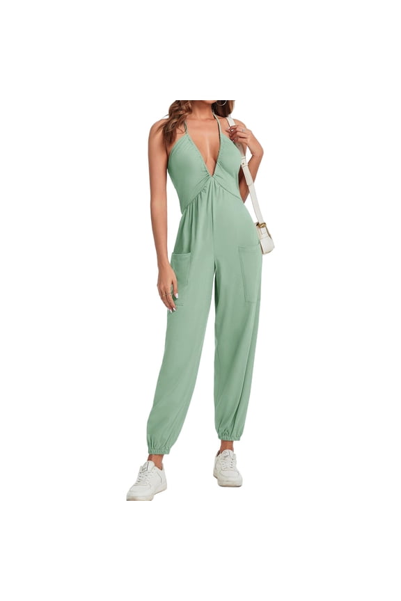 Sleeveless Deep V Neck Women Halter Backless Jogger Jumpsuit with Pocket