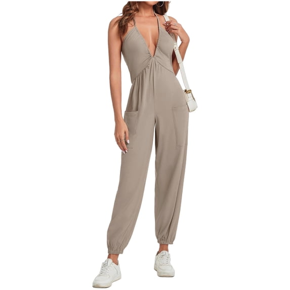 Sleeveless Deep V Neck Women Halter Backless Jogger Jumpsuit with Pocket