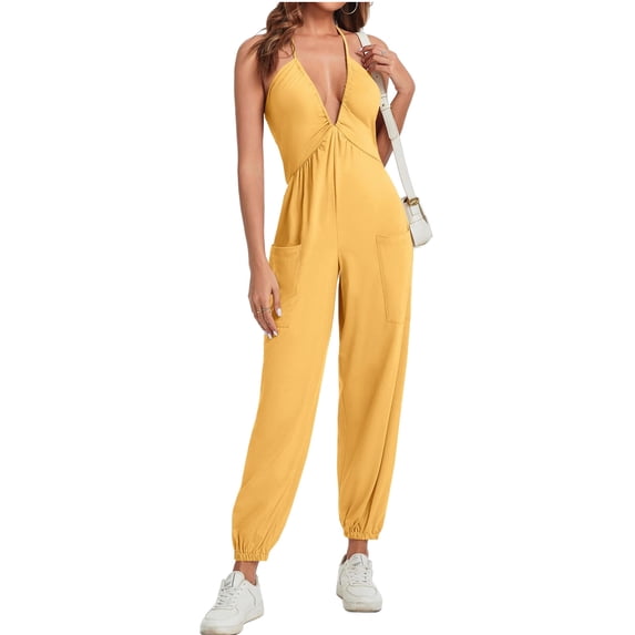 Sleeveless Deep V Neck Women Halter Backless Jogger Jumpsuit with Pocket
