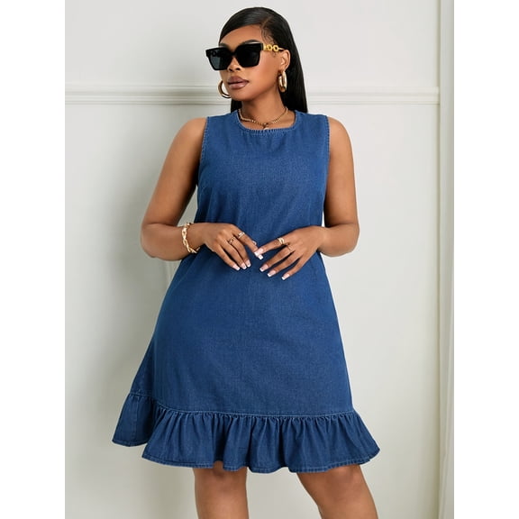 Sleeveless Denim Dress for Women Crew Neck Ruffle Hem A-Line Mini Jean Dress Loose Fit Lightweight Casual Summer Sundress