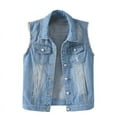 thumbnail image 1 of Women's Buttoned Washed Denim Jacket Sleeveless Crop Vest, 1 of 5