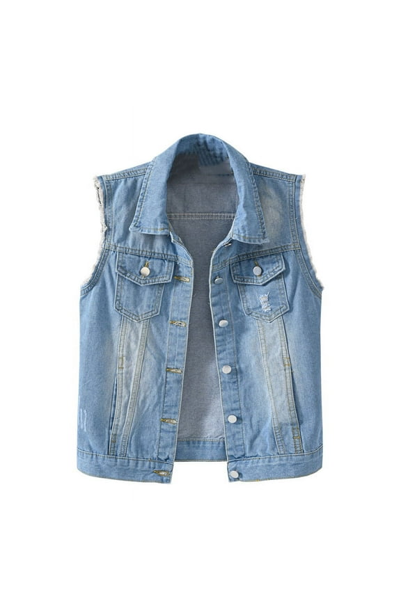 Women's Buttoned Washed Denim Jacket Sleeveless Crop Vest
