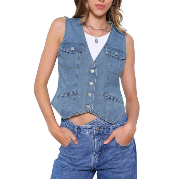 INSPIRE CHIC Women's Vest Jean V Neck Sleeveless Flap Pockets Denim Button Waistcoat Jacket XS Blue