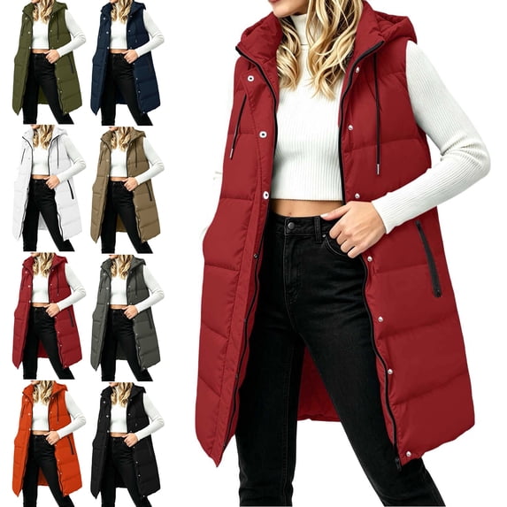 Sleeveless Drawstring Hooded Puffer Vests for Women,Thick Warm Casual Layering Winter Outerwear Jacket with Side Zipper Pocket,Double Closure with Zipper and Button