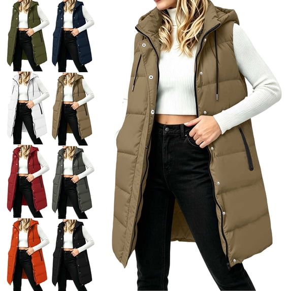 Sleeveless Drawstring Hooded Puffer Vests for Women,Thick Warm Casual Layering Winter Outerwear Jacket with Side Zipper Pocket,Double Closure with Zipper and Button