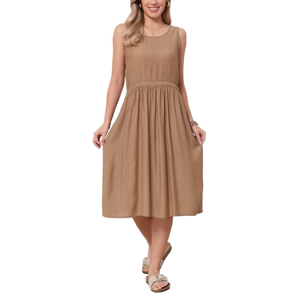 Sleeveless Dress for Women Crew Neck Drawstring Waist Summer Midi Dress L Khaki