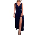 thumbnail image 1 of Sleeveless Dress for Women V Neck Casual Summer Split Long Dress Solid Loose Comfy Elegant Belted Tank Party Dress, 1 of 7