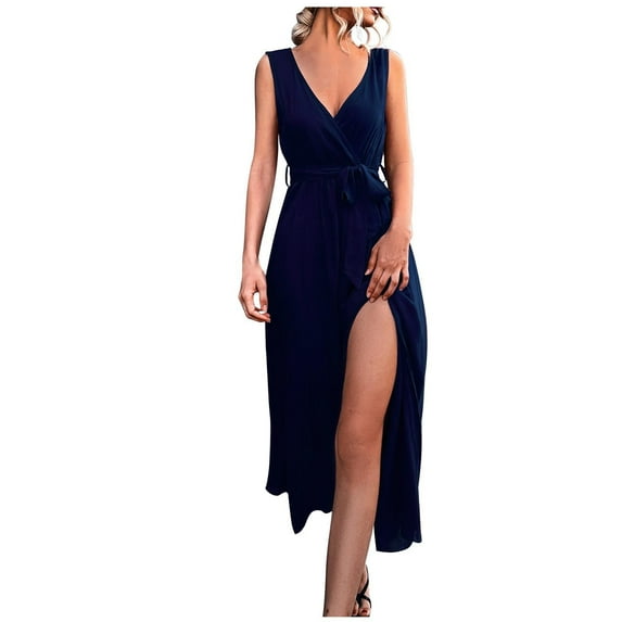 Sleeveless Dress for Women V Neck Casual Summer Split Long Dress Solid Loose Comfy Elegant Belted Tank Party Dress