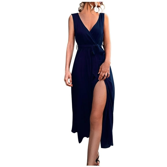 Sleeveless Dress for Women V Neck Casual Summer Split Long Dress Solid Loose Comfy Elegant Belted Tank Party Dress