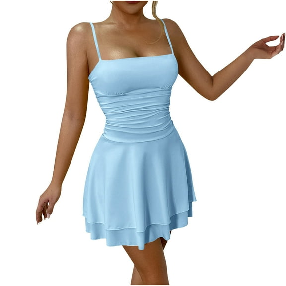 Sleeveless Dresses For Women Square Neck Solid Color Spaghetti Straps Casual Pleated Sundress for Women Trendy Light Blue L