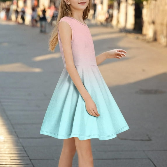 Sleeveless Dresses for Big Girls Size 3-14 Teens Kids Trendy Gradient Printed Crewneck Pullover A-Line Dance Midi Dress 2025